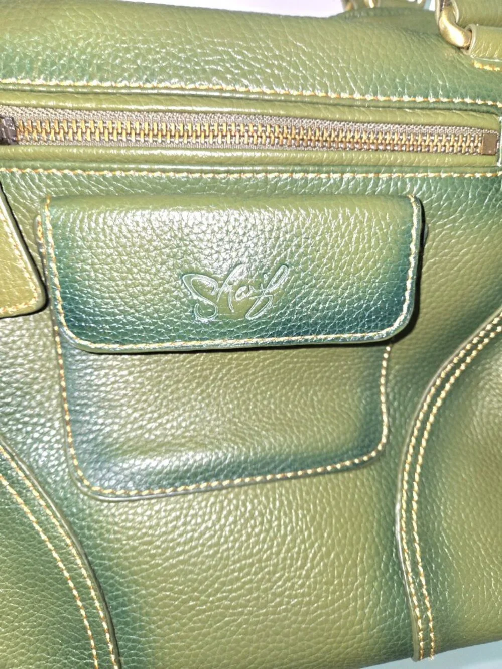 Sharif Olive Green Pebbled Satchel Handbag Crossbody Multi Pocket